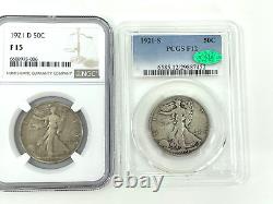 2-1921 Liberty Walking Silver Half Dollars 1921-S PCGS F12 Cac, 1921-D NGC F15