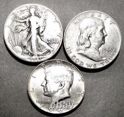 3 U. S. Half Dollars Lot, 50c, LIBERTY Ben Franklin, John F Kennedy, Eagles, Bell