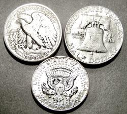 3 U. S. Half Dollars Lot, 50c, LIBERTY Ben Franklin, John F Kennedy, Eagles, Bell