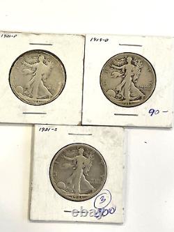 3- Walking Liberty Silver Half Dollars 1919 -D, 1921, 1921-S