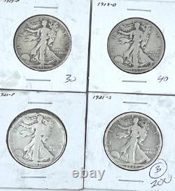 4- U. S. Walking Liberty Silver Half Dollars 1919 P, D 1921 P, S