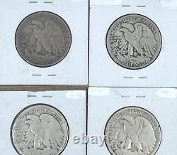 4- U. S. Walking Liberty Silver Half Dollars 1919 P, D 1921 P, S