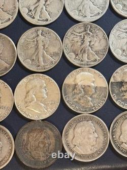 50 Silver Half Dollar Lot Walking Liberty, Franklin Seated Stone Mt