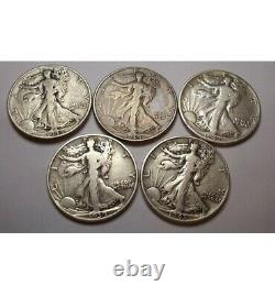 5PC. Walking Liberty Half DOLLARS. 900 Real SILVER Coins. Mix Dates & Condition