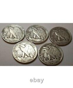 5PC. Walking Liberty Half DOLLARS. 900 Real SILVER Coins. Mix Dates & Condition