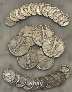 $5 Face 90% Silver 6 Walking Liberty Half Dollar 20 Mercury Dime Choose # Lots