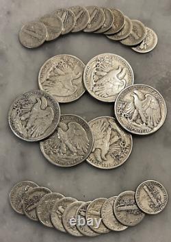 $5 Face 90% Silver 6 Walking Liberty Half Dollar 20 Mercury Dime Choose # Lots