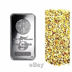 5 Troy Oz. 999 Silver Walking Liberty Bar Bu +10 Piece Alaskan Pure Gold Nuggets