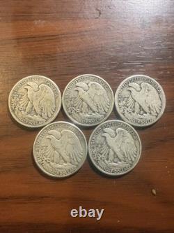 5 Walking Liberty Half Dollars 1917 1918-S 1943 1943-D 1945 90% Silver Lot