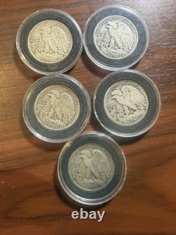 5 Walking Liberty Half Dollars 1917 1918-S 1943 1943-D 1945 90% Silver Lot