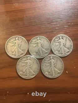5 Walking Liberty Half Dollars 1917 1918-S 1943 1943-D 1945 90% Silver Lot