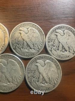 5 Walking Liberty Half Dollars 1917 1918-S 1943 1943-D 1945 90% Silver Lot