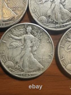 5 Walking Liberty Half Dollars 1917 1918-S 1943 1943-D 1945 90% Silver Lot
