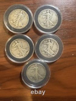 5 Walking Liberty Half Dollars 1917 1918-S 1943 1943-D 1945 90% Silver Lot