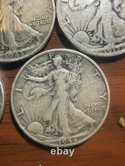 5 Walking Liberty Half Dollars 1917 1918-S 1943 1943-D 1945 90% Silver Lot