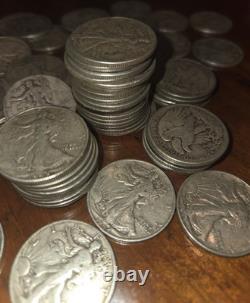 5 X Liberty Walking Half Dollar Circulated Coins 90% Silver