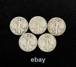 5x Walking Liberty Half Dollars 90% Silver Pre-1965 Junk Silver $2.50 FV