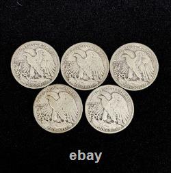 5x Walking Liberty Half Dollars 90% Silver Pre-1965 Junk Silver $2.50 FV