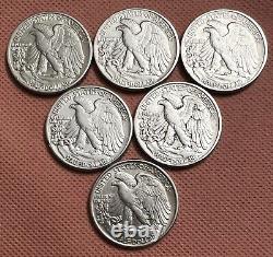6 Brilliant Uncirculated / Au Walking Liberty Half Dollar Walker Coins 1941-1946