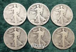 6 Liberty Walking Silver Half Dollars, 1918 & 1918 S, 6 Silver 50-Cent Coins