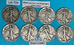 8 DIFFERENT SILVER Walking Liberty Half Dollars DENVER MINT 1934-1946 #723