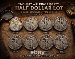 8 Walking Liberty Half Dollars 1940-47 P/D/S 90% Silver WWII Era Lot