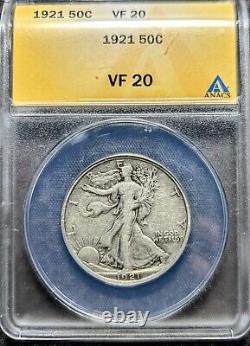 90% Silver 1921-P Walking Liberty Half Dollar. Anacs Certified 246k Minted