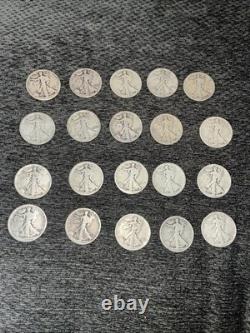 90% Silver Walking Liberty Half Dollars Lot Of 20 Various Dates And Mints