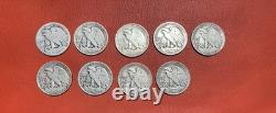9 Walking Liberty Half Dollars 90% Silver 1936-1944 Estate Coin Lot 1 No Date