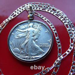 AU Walking Liberty Half Dollar Pendant 24 ITALIAN 925 Sterling Silver Chain