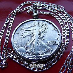 AU Walking Liberty Half Dollar Pendant 24 ITALIAN 925 Sterling Silver Chain