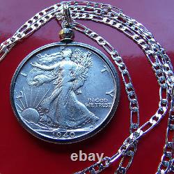 AU Walking Liberty Half Dollar Pendant 24 ITALIAN 925 Sterling Silver Chain