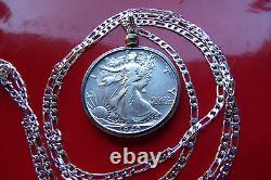 AU Walking Liberty Half Dollar Pendant 24 ITALIAN 925 Sterling Silver Chain