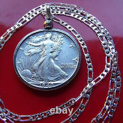 AU Walking Liberty Half Dollar Pendant 24 ITALIAN 925 Sterling Silver Chain
