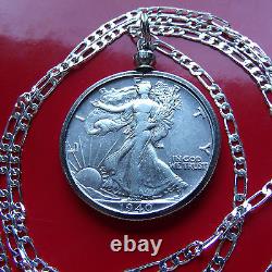AU Walking Liberty Half Dollar Pendant 24 ITALIAN 925 Sterling Silver Chain