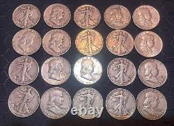 Benjamin Franklin And Walking Liberty Silver Half Dollars Lot 20 Coins Very Nice