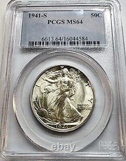 Choice 1941-S Walking Liberty Silver Half Dollar MS64 PCGS High Grade Beauty