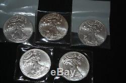 Five (5) 2014 1 Oz. 999 Fine Liberty Walking American Silver Eagle Dollar Coins