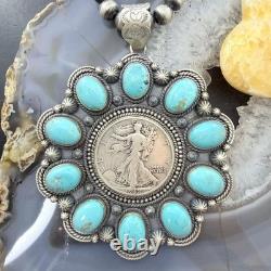 Genuine 1942 90% Silver Walking Liberty Half Dollar Coin withTurquoise Uni Pendant