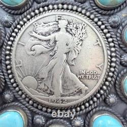 Genuine 1942 90% Silver Walking Liberty Half Dollar Coin withTurquoise Uni Pendant