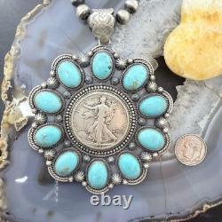 Genuine 1942 90% Silver Walking Liberty Half Dollar Coin withTurquoise Uni Pendant