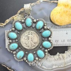 Genuine 1942 90% Silver Walking Liberty Half Dollar Coin withTurquoise Uni Pendant