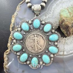 Genuine 1945 90% Silver Walking Liberty Half Dollar Coin withTurquoise Uni Pendant