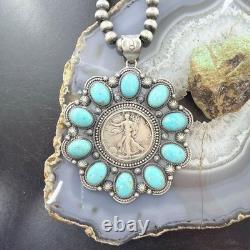Genuine 1945 90% Silver Walking Liberty Half Dollar Coin withTurquoise Uni Pendant