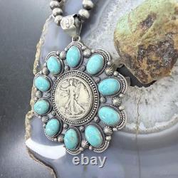 Genuine 1945 90% Silver Walking Liberty Half Dollar Coin withTurquoise Uni Pendant