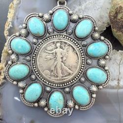 Genuine 1945 90% Silver Walking Liberty Half Dollar Coin withTurquoise Uni Pendant