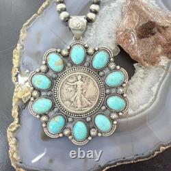 Genuine 90% Silver Walking Liberty Half Dollar Coin withTurquoise Unisex Pendant