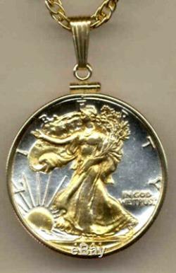 J&J Coin Jewelry Necklace 24K Goldon Silver Walking Liberty in Plain Bezel