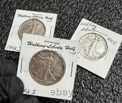 LIBERTY WALKING. 900 SILVER HALF DOLLAR, HUGE LOOSE LOT of 3 COINS, 1942S