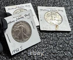 LIBERTY WALKING. 900 SILVER HALF DOLLAR, HUGE LOOSE LOT of 3 COINS, 1942S